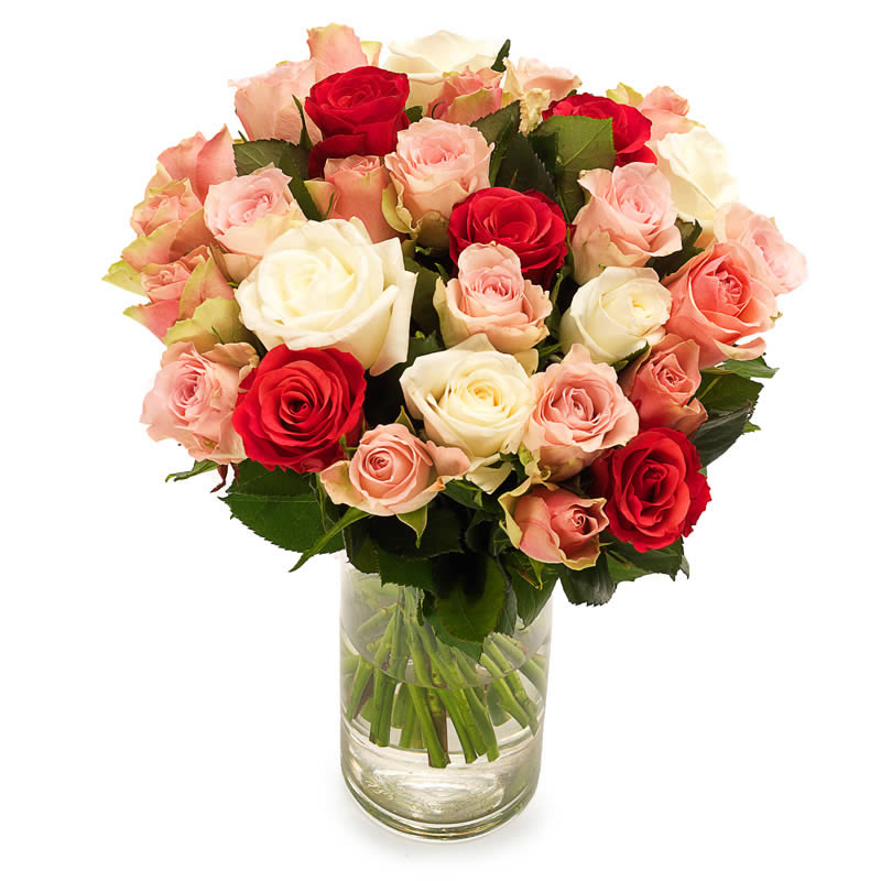 Bukett med rosor i romantiska färger; rosa, rött, vitt.