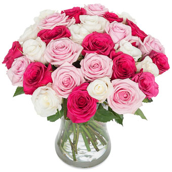 Bukett med rosor i rosa, cerise och vitt.