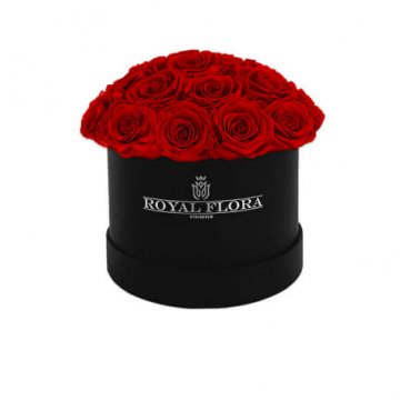 Rund rosbox, fylld med röda rosor. En lyxig gåva - beställ online hos Florister i Sverige